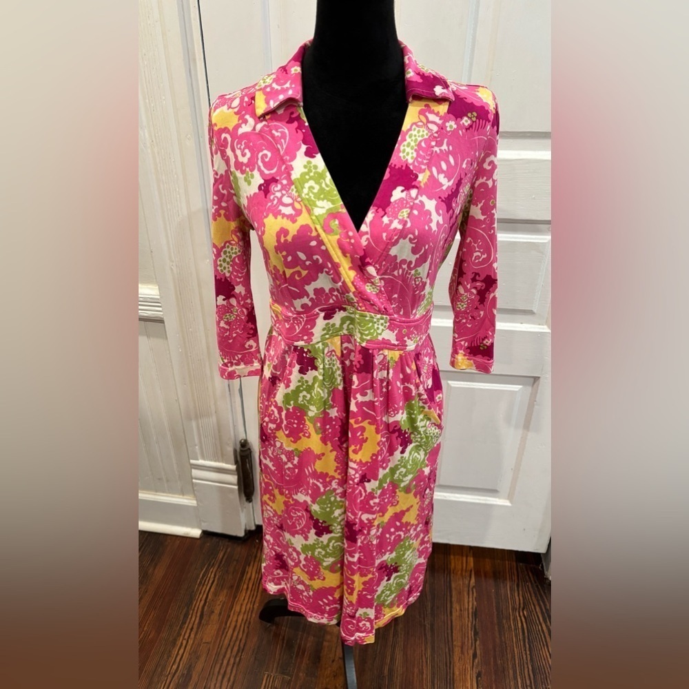 Lilly Pulitzer Blayney Pink Green Hoot Owl Floral Print 100% Silk Dress Sz Xs